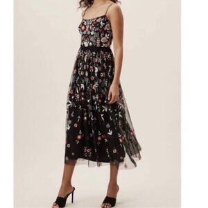 Anthropologie BHLDN Ashley Black Floral Embroidered Jewel Midi Dress NWOT Size 6